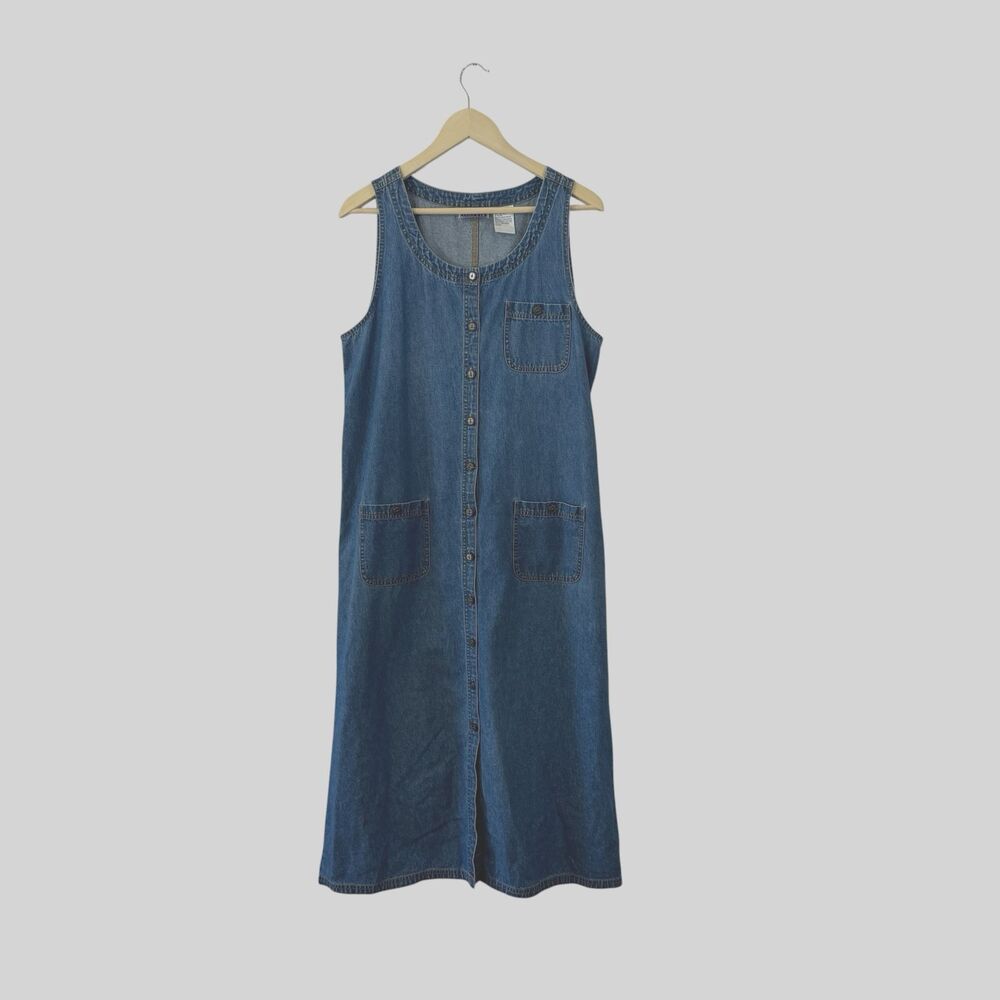 Vintage Erika Co Medium Maxi Dress Modest Cotton Denim Button Up Sleeveless